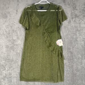 LG Sheer Ruffle green metallic Short Dress with under layer Fairy Whimsy NWT